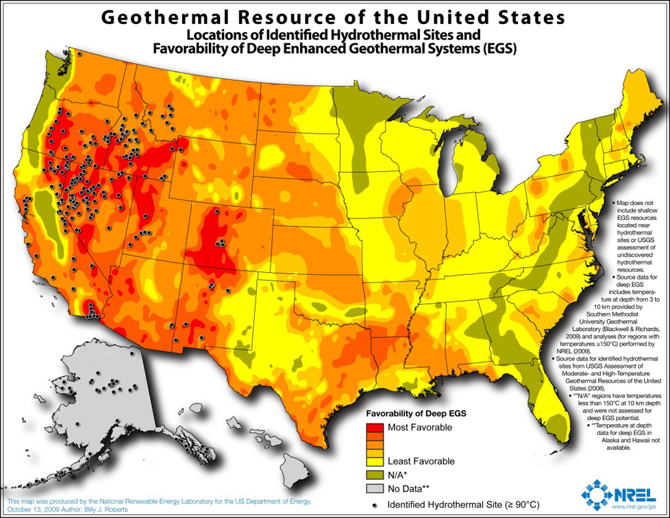 map of geothermal resource in the United States showing favorability of deep EGS