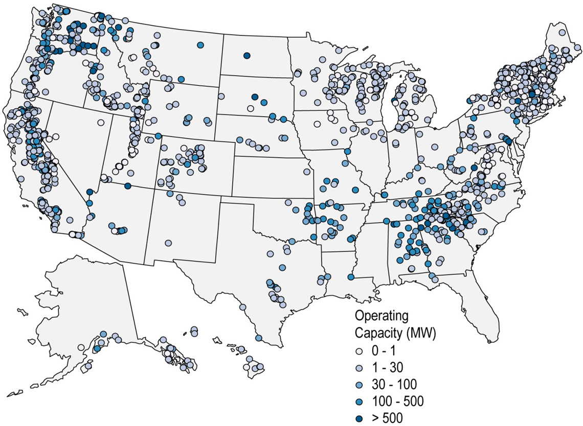 map of total upgrade potential for hydropower facilities in the United States