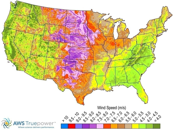 map of land-based wind resource in the contiguous United States