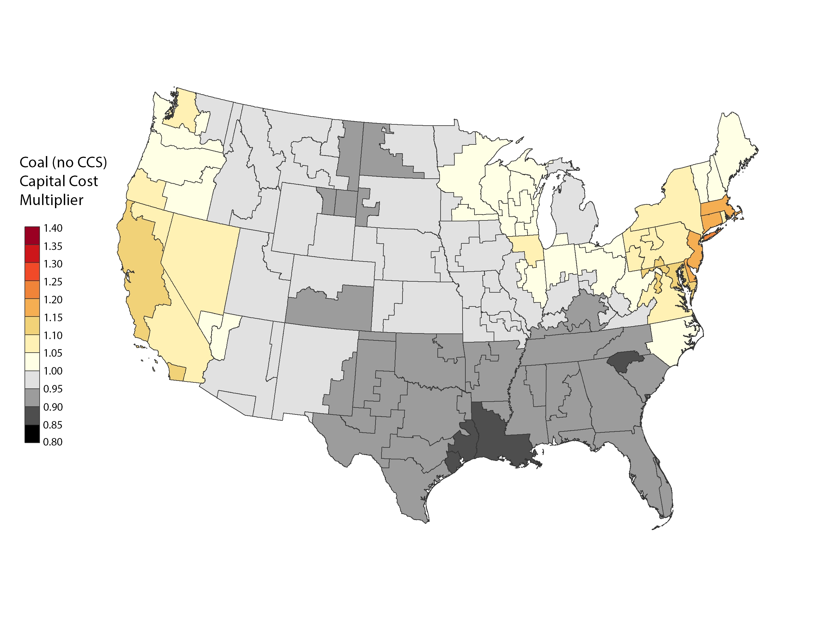 chart: Cost Multiplier Map - Coal (No CCS)