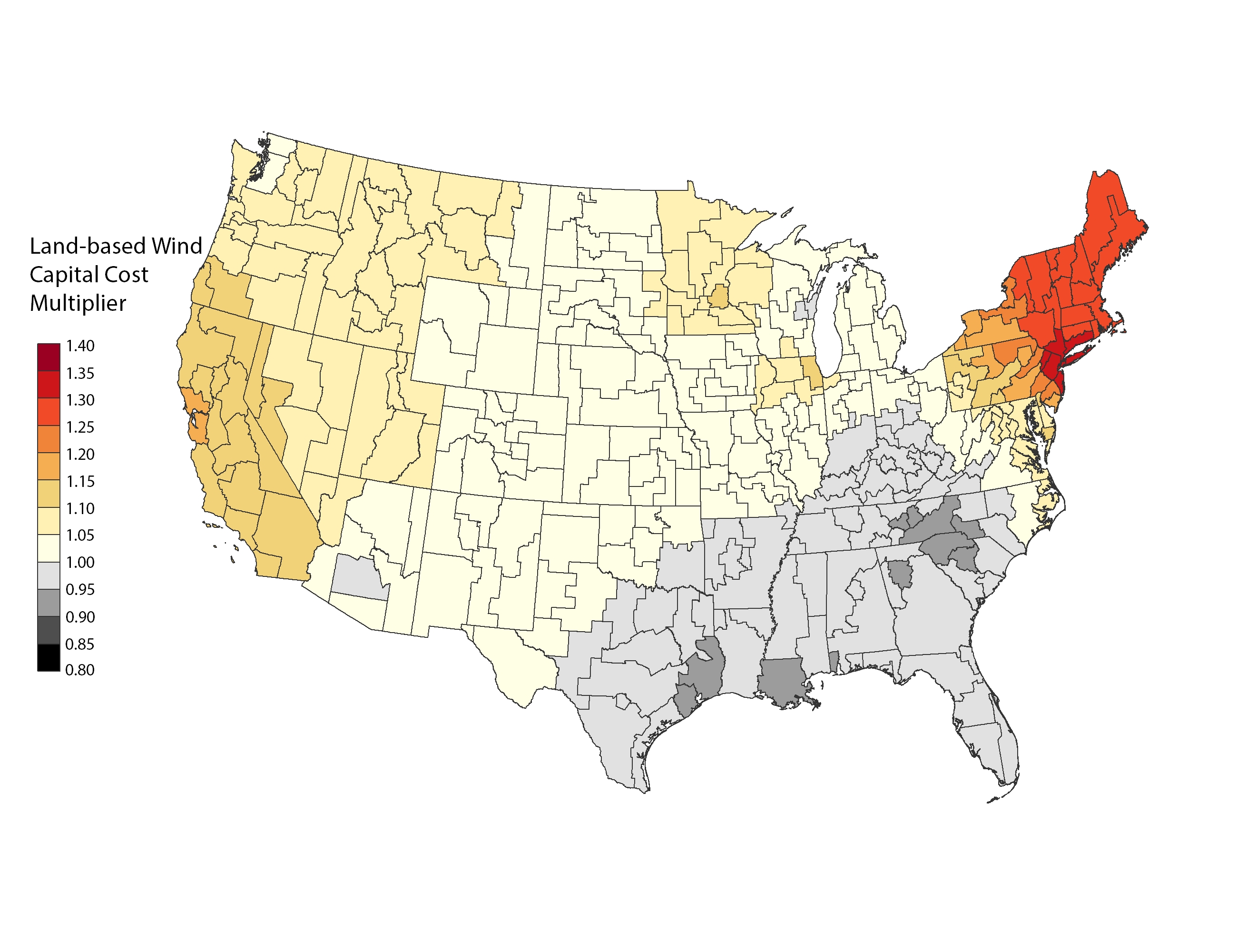 chart: Cost Multiplier Map - Land-Based Wind