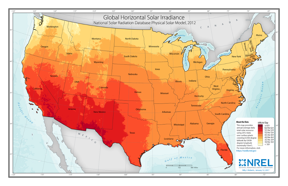 Map of mean solar resource available to PV systems in the United States 