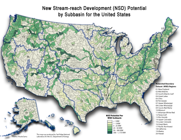 map of new stream-reach development potential in the United States