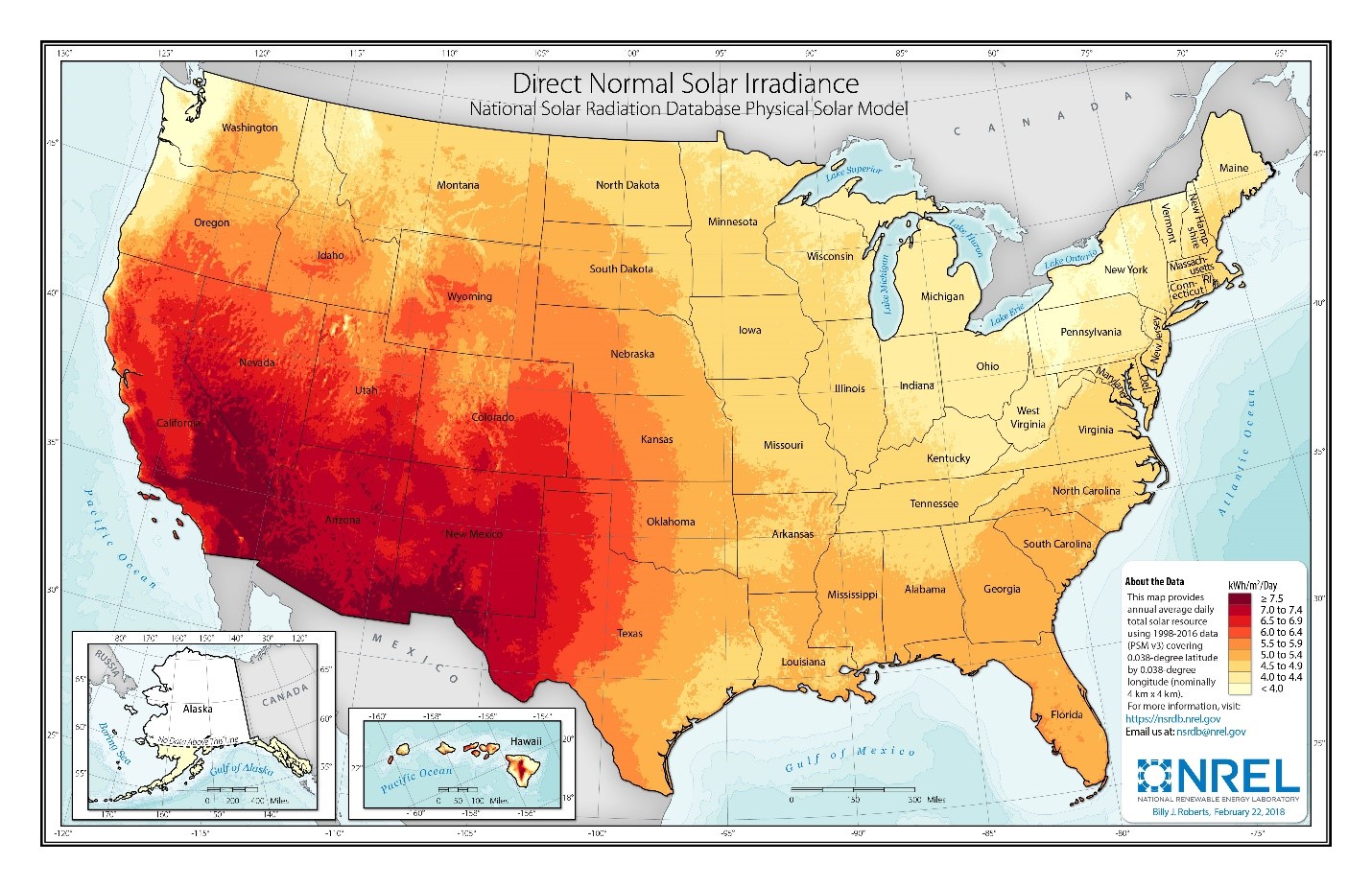 map: mean U.S. solar resource available to CSP systems